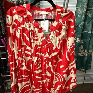 H&M Red and White Ruffled 3/4 Sleeve Blouse